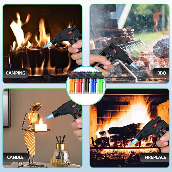 Torch Lighter, 5 Pack, Butane Lighters, Windproof Butane Refillable Jet Torch Flame Gas Lighter, Multi Utility Lighters for Candles Fireplaces Campfires BBQ Grill Pilot Lights (Without Fuel)
