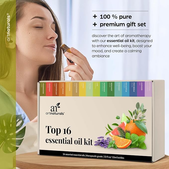 ArtNaturals Top 16 Essential Oils Set – 100% Pure Aromatherapy Oils Gift Set with Lavender, Peppermint, Tea Tree, Eucalyptus, Frankincense, Lemon, Orange & More, 16 x 10 mL