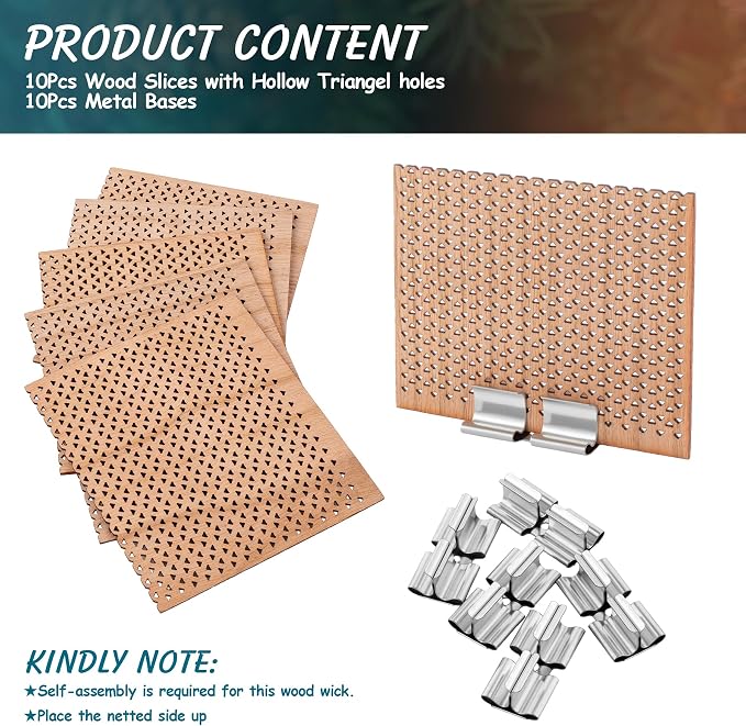 6 Set Large Wood Candle Wick Grid Design Large Wooden Wick 2.7x2.4inch / 70x60mm (Width*Height), Natural Crackling Wood Wick Core with Iron Stands for Soy Candle Making Candles Supplies
