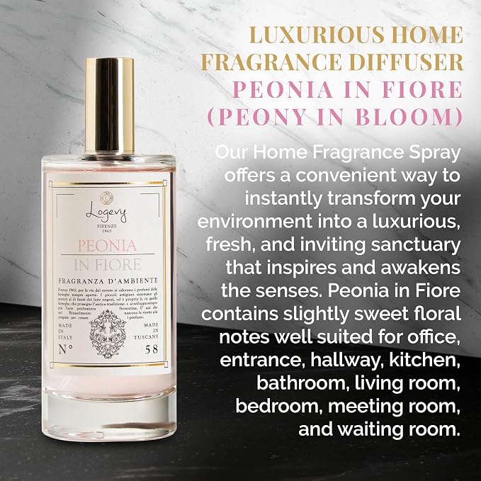 Logevy Firenze 1965 Peonia in Fiore – Peony in Bloom Luxury Home Fragrance Spray from Master Perfumer in Italy with Sweet Floral Notes to Captivate The Senses & Enliven Any Room – 100ml