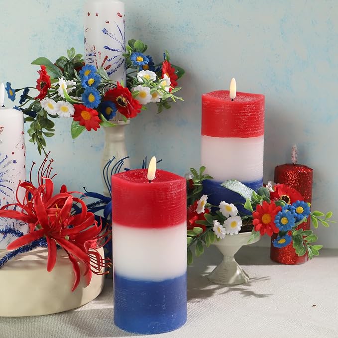 Independence Day Candle Ring 2 Pcs 3'' (Inner) 6'' (Outer) Diameter Floral Candle Rings Artificial Flowers Red-White-Blue Mini Wreaths Ideal Independence Centerpiece for Patroic Decor