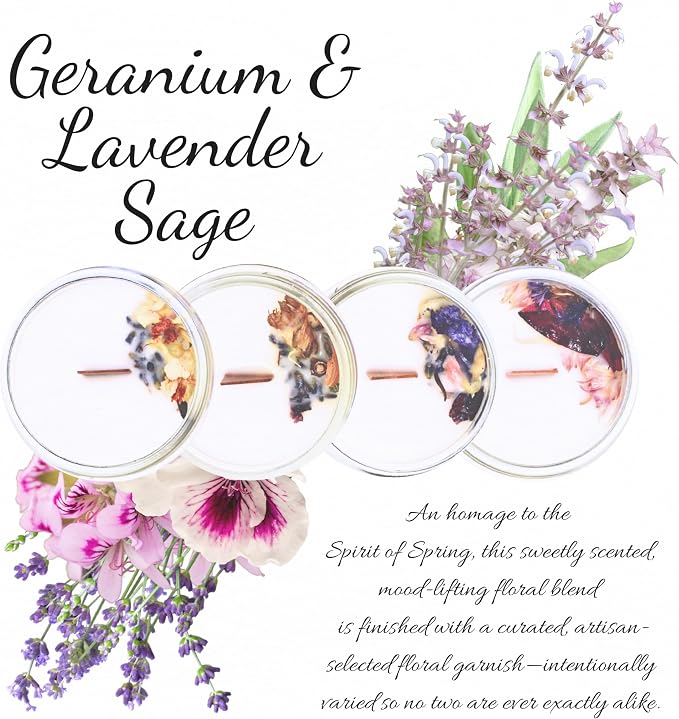 Geranium & Lavender Sage Essential Oil Candle 3 oz, Hand Crafted Pure Soy Wax Candle Wooden Wick, Dried Flowers, 23 Hour Burn Time, Natural Aromatherapy Glass Jar Candle with Lid by Lathered Artisan