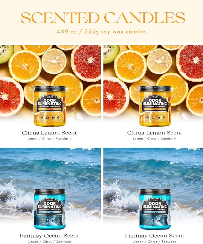 AOOVOO 4 Pack Citrus Lemon/Fantasy Ocean Odor Eliminating Highly Fragranced Candle - Eliminates 95% of Pet, Smoke, Food, and Other Smells Quickly, Non Toxic Air Freshing Soy Candle