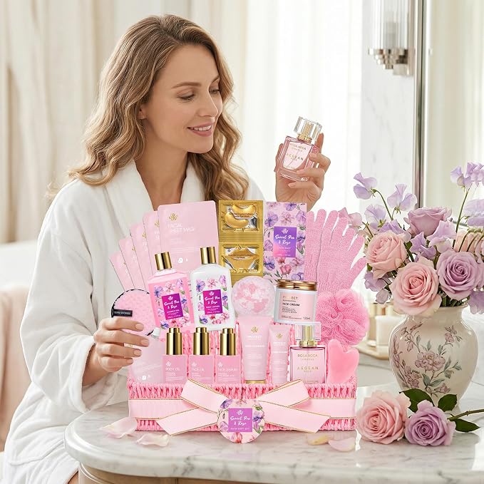 Gifts for Women, Gifts Basket for Women, 32 Pcs Rose Bath and Body Gift Basket Set, Hydrating Facial Skin Care Set, Self Care Pampering Kit, Home Spa Basket Set for Mom & Wife, Birthday, Anniversary