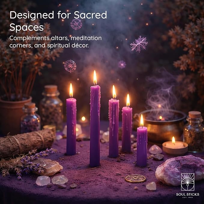 SOUL STICKS Peace Magic Spell Chime Taper Candles 20 Pack - Ideal for Altar, Rituals, Ceremonies, Meditation Purple Candle for Witchcraft Supplies, Wiccan, Unscented Candles Clearance
