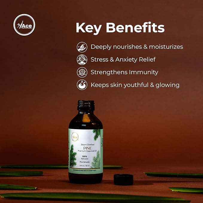 My ACE Pine Essential Oil 4 Fl Oz - 100% Pure & Natural - Premium Grade for Aromatherapy, Diffuser, Skin, Hair, Massage, Candle & Soap Making, Home - Glass Bottle with Dropper - Long Lasting Scent
