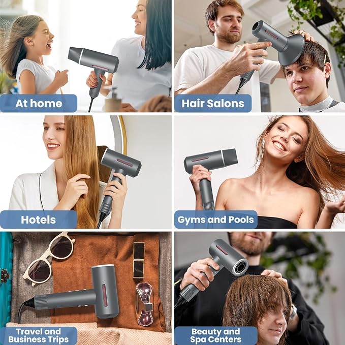 Hyper-Speed Hair Dryer, 180,000 RPM Brushless Motor for 1min Fast Drying, Dual Voltage Travel Blow Dryer with Diffuser & Concentrator, 600M Negative Ions for Frizz-Free Shine, HD Screen, Gunmetal