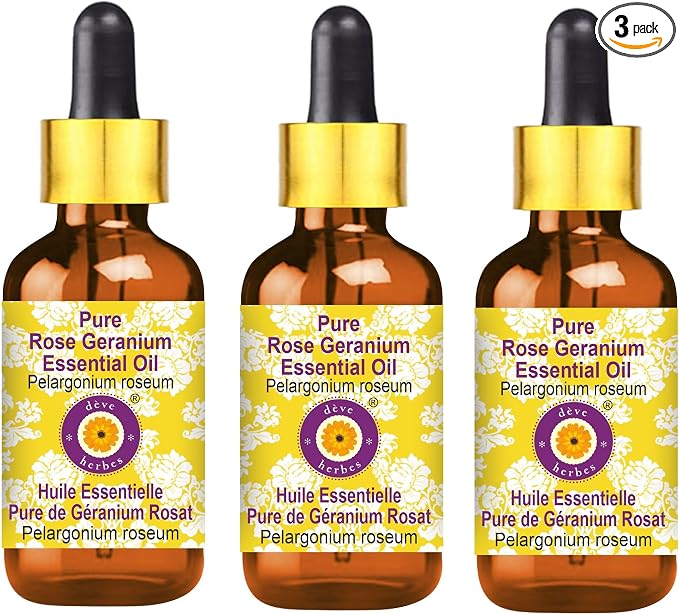 dève herbes Pure Rose Geranium Essential Oil (Pelargonium roseum) with Glass Dropper Steam Distilled (Pack of Three) 100ml X 3 (10 oz)