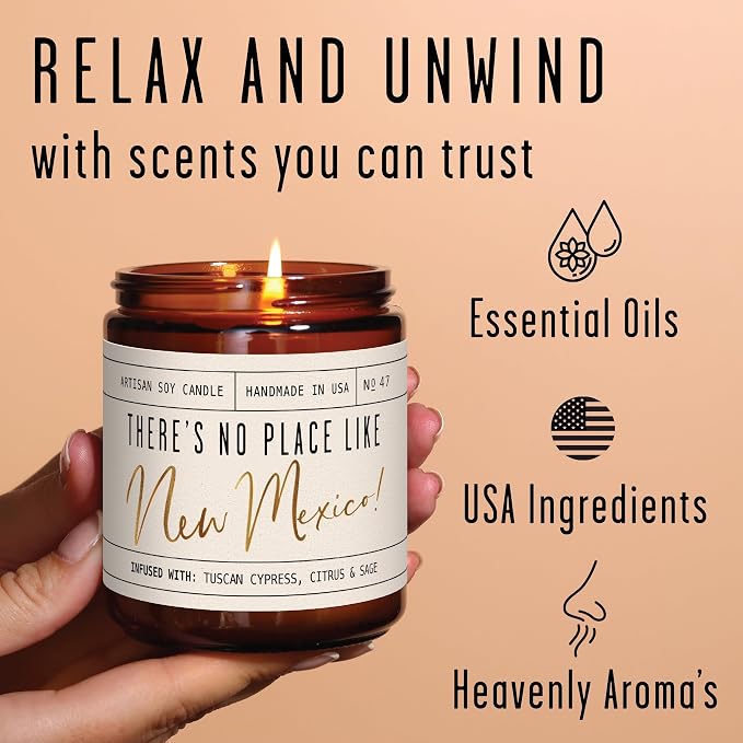New Mexico Gifts, New Mexico Decor for Home - 'There's No Place Like New Mexico Candle, w/Tuscan Cypress, Citrus & Sage I New Mexico Souvenirs I New Mexico State Gifts I 9oz Jar, 50Hr Burn, USA Made