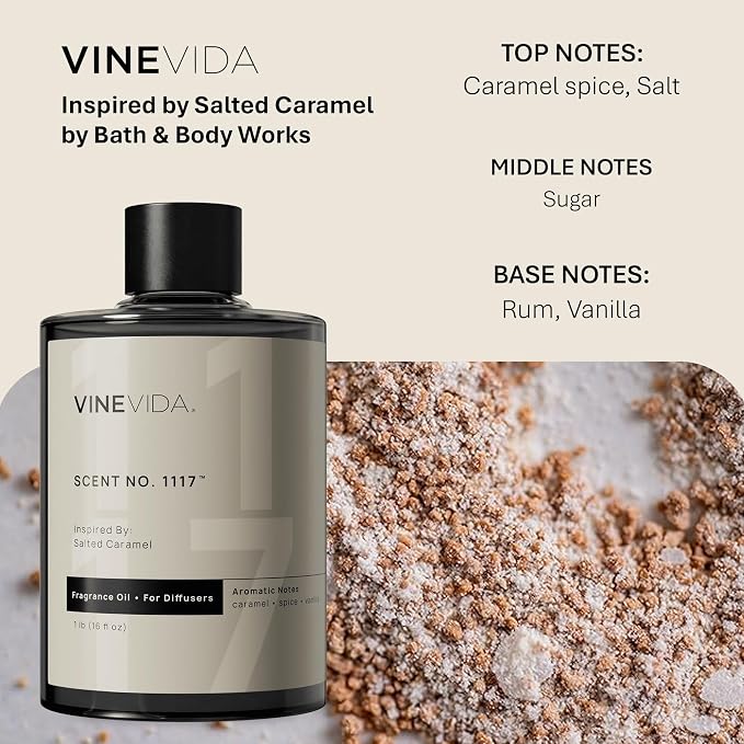 VINEVIDA [16 Fl Oz] Scent NO. 1117 Fragrance Oil for Cold Air Diffusers, Aromatic Notes of Caramel Spice, Salt, Sugar, Rum & Vanilla Essential Oils for Diffuser Oil Refill & Air Freshener Spray
