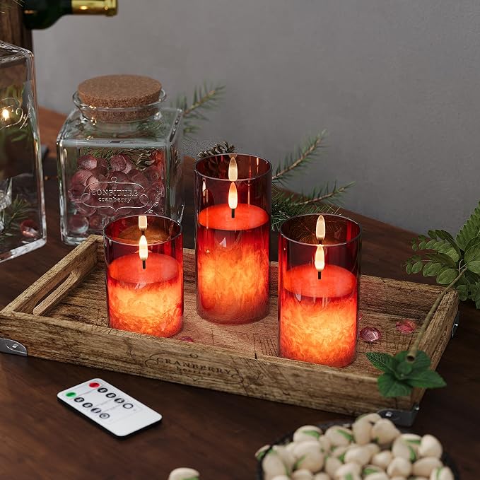 VIODAIM Ice Crystal Real Wax Glass Flameless Candles with Remote & Timer, Battery Operated Candles with Warm Flickering Flame, Realistic LED Candle for Wedding Home Decor [D3×H4/5"/6"] Red, 3Pack