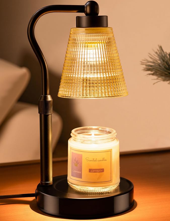 Candle Warmer Lamp for Jar Candles, Height Adjustable & Dimmable with 2/4/8H Timer, 2*50W Halogen Wax Melter Warmer for Home Office Décor, Flameless & Smokeless, Gift for Women Mom, Black-Amber/1 Pack