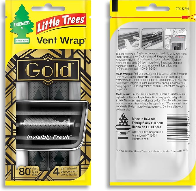 LITTLE TREES Car Air Freshener | Vent Wrap Provides Long Lasting Scent, Invisibly Fresh | 16 Air Fresheners | Gold