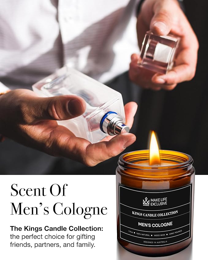 Scented Candles for Men | Men's Cologne, Amber Sandalwood Scent | Wooden Wick, Long Lasting, Masculine Scents | Natural Soy Jar Candle for Home, Bacehlor Pad Decor | The Perfect Mens Gift