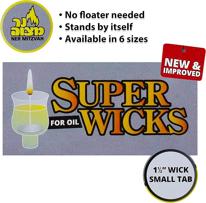Self Standing Cotton Wicks for Glass Oil Cup - 50 Pack, Tabs, 1.5" Wicks - No Floater Needed - for Candle Lighting, Multipurpose - by Ner Mitzvah (Small)