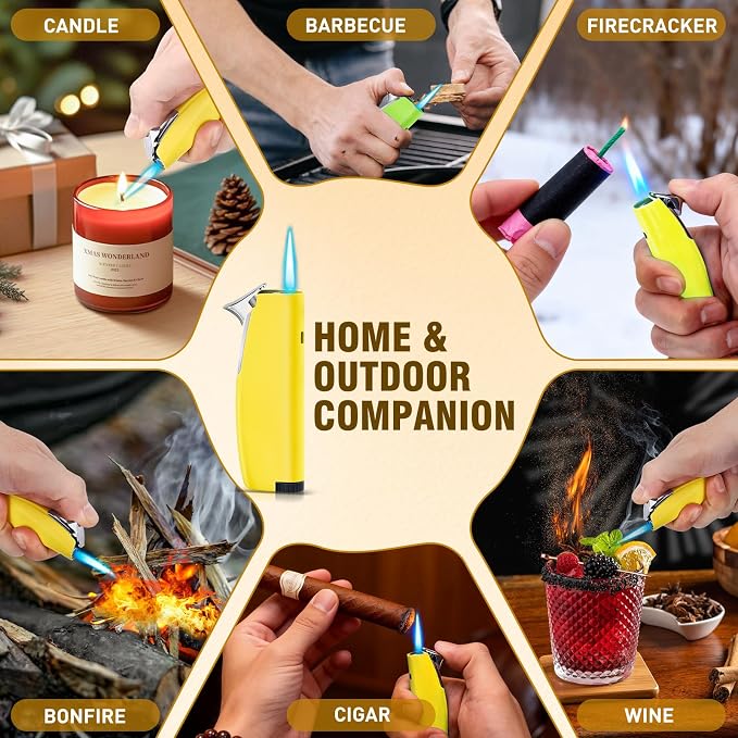 Women's Mini Butane Torch Lighter, Windproof Jet Flame Refillable Adjustable Candle Lighter for BBQ, Camping, Daily Use, Ideal Gift, 2 Pack (Yellow, Butane Not Included)