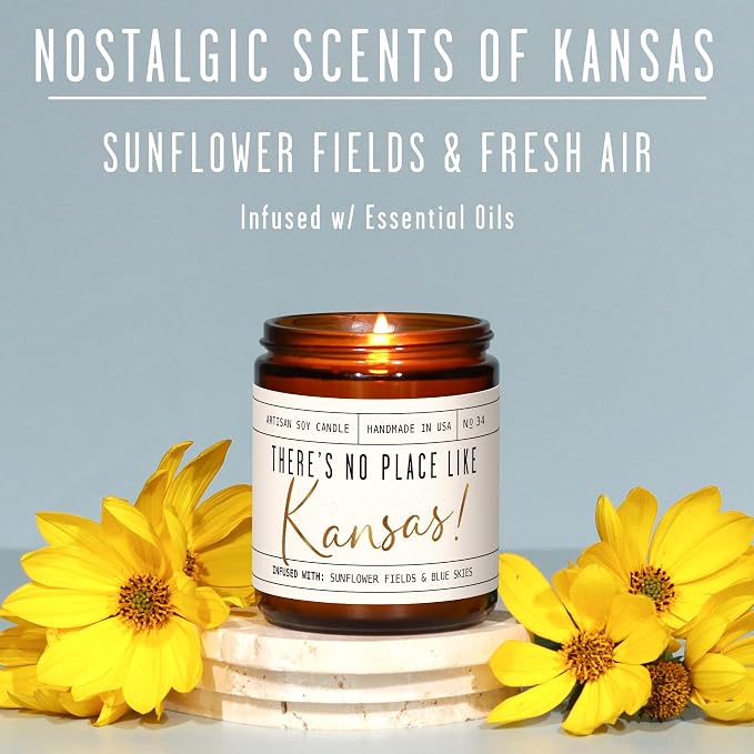 Kansas Gifts, Kansas Decor for Home - 'There's No Place Like Kansas Candle, w/Sunflower Fields & Fresh Air I Kansas Souvenirs I Kansas State Gifts I 9oz Jar, 50Hr Burn, USA Made