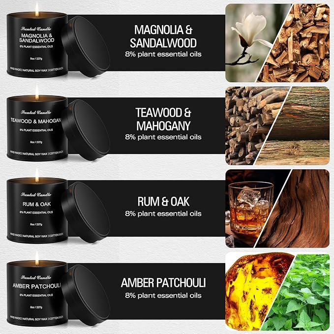 Scented Candles for Men - Candles Gifts for Men, Soy Wax, Cotton Wick, Birthday, Christmas, Anniversary Present, Valentine (4x8oz)