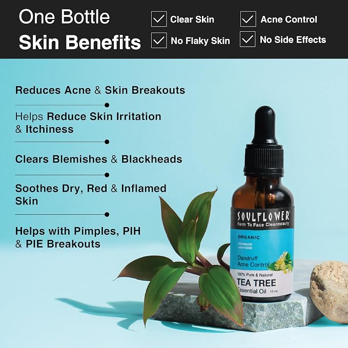 Soulflower Tea Tree Essential Oil 100% Pure, Undiluted, Natural & Organic for Skin, Hair, Pimples, Acne, Dandruff - Premium Essential Oil Certified by Ecocert
