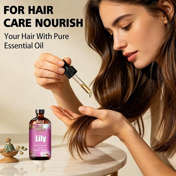 Lily Essential Oil, Lily Oil 4 Fl Oz 120ml for Diffuser Yoga Soap & Candle Making – with 0.33 Oz Roller Ball & Dropper YHSESSE Essential Oils