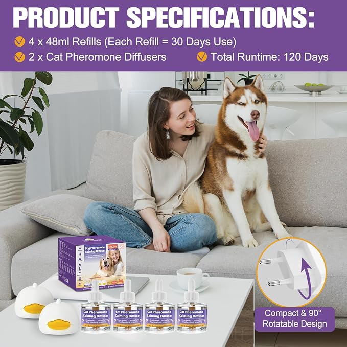Dog Pheromone Calming Diffuser for Dogs, 4×48ml Refills & 2×Diffusers, Anxiety Relief for Separation, Thunder, Fireworks, Stop Barking, Chewing & Marking, Safe for Pets & Home