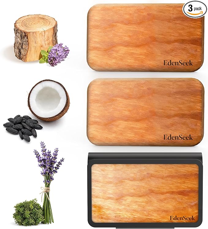 Wooden Car Air Freshener | FSC-Certified Original Wood, Visor Metal Clip, 100% Pure Essential Oils, Long-Lasting Odor Eliminator, 3 Refillable Scents Diffuser for Cars, Trucks, SUVs