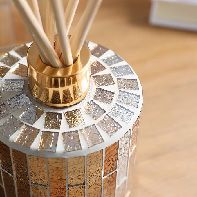 7.3oz Decorative Vertical Stripe Mosaic Glass Reed Diffuser Bottle Set with Silver Caps & 16pcs Natural Feed Sticks-Set of 2 - Ideal for Home Fragrance, Bathroom Decoration, Accent (Amber)