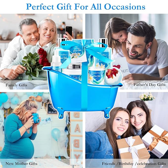Father's Day Gifts for Women & Men Bath & Body Gift Set, Bath Basket Spa kit Gifts for Her Him Birthday Gift, Self-care Home Spa Kit, 8pcs Christmas Gift for Women Ocean Vanilla, Spa Gift Baskets