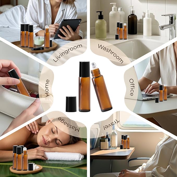 Essential Oil Roller Bottles, 10ml Thick Glass Perfume Roller Bottles with Funnel Opener and Dropper Colored Glass Empty Bottles with Stainless Steel Roller Balls (Brown - black cover, 12 Pack)
