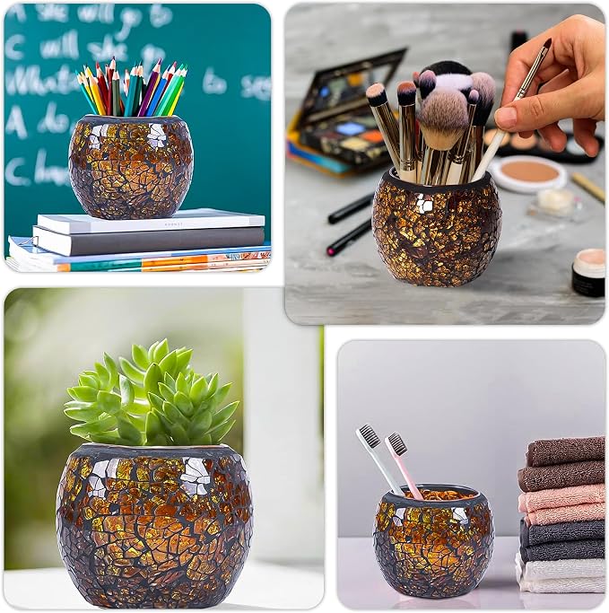 Scented Candle Holder Mosaic Glass Tea Light Holder,Handmade Romantic Glass Tealight Candle Holder for Aromatherapy,Party Décor(NO Candles),Also Used as Vase,Pen Holder,Potted Plants Bowl (Amber)