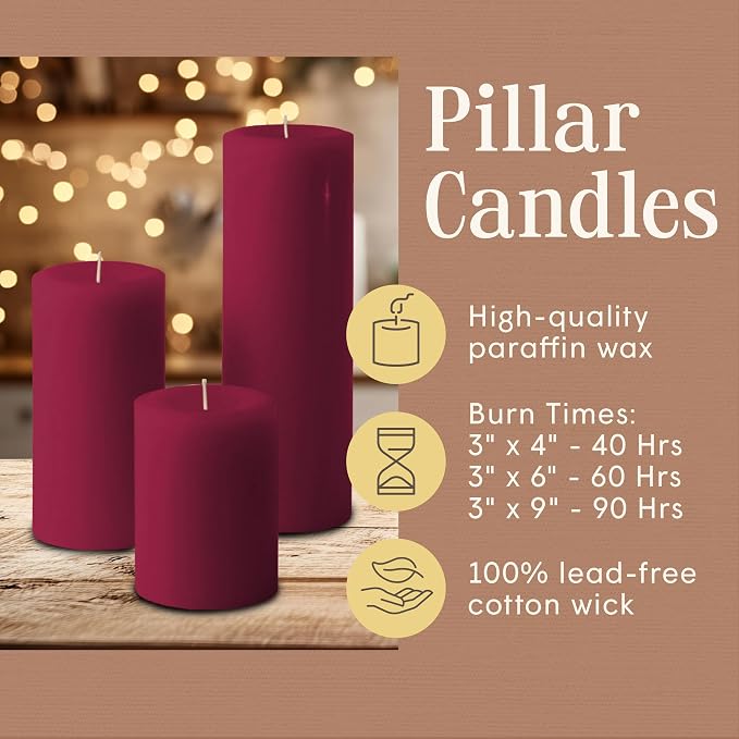 Mister Candle Unscented Dripless Pillar Candles Set of 3, Hand Poured 3 Inch Candles, Premium Wax, Decorative Pillar Candles, (3" x 4", 3" x 6", and 3" x 9", Burgundy)