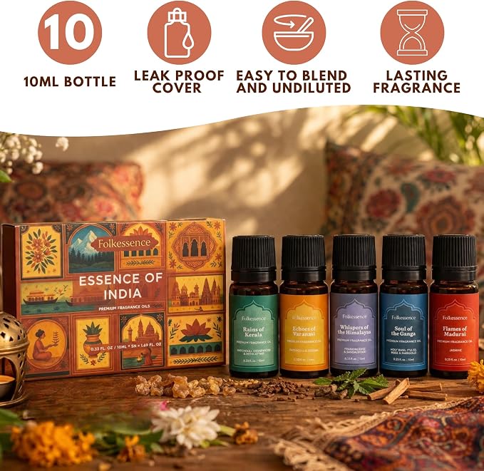 Folkulture Essence of India Essential Oils Set for Diffuser | Set of 5 Fragrance Oils for Aromatherapy | Frankincense, Jasmine, Cedarwood | Home Fragrance Gift | Gift for Her