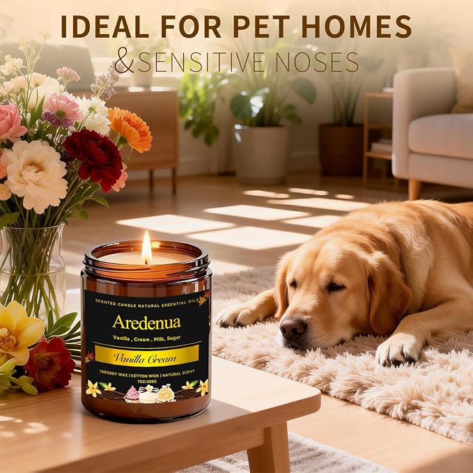 Vanilla Cream Odor Eliminating Candle, 7oz Long Lasting Soy Jar Candle, Natural Clean Burning Calming Aromatherapy Candle, Natural Odor Remover for Pet Smell, Smoke, Food, Bedroom Relaxation Gift