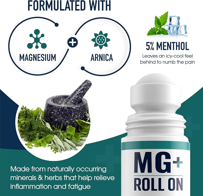 MARS WELLNESS MG+ Cooling Roll on Pain Relief (3 oz) – Fast Acting Arnica Roll on 5% Menthol Magnesium & Arnica – Penetrating Menthol Pain Relief Roll On Topical Pain Relief - 5 Pack