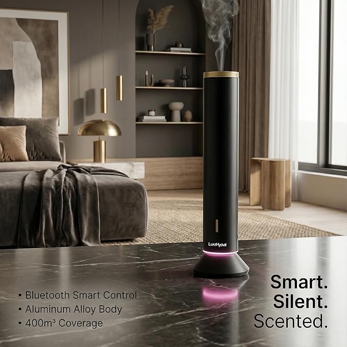 Waterless Essential Oil Diffuser, Smart App Controlled Scent Diffuser for Large Room, Covers Up to 4000 Sq Ft, Quiet Aroma Diffuser for Home Hotel Office,360° Ambient Light (Black, Desktop)