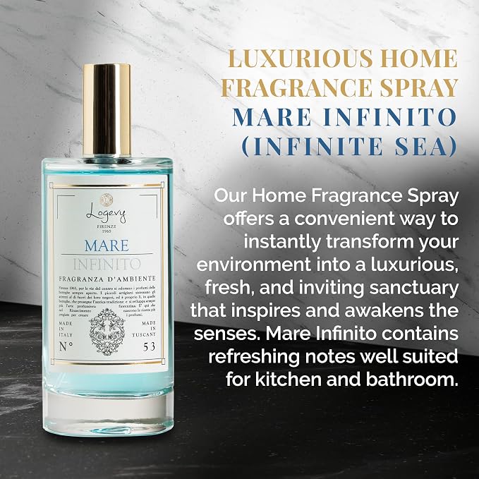 Logevy Firenze 1965 Mare Infinito – Infinite Sea Luxury Home Fragrance Spray from Master Perfumer in Italy with Refreshing Notes to Captivate the Senses & Enliven Any Room – 100ml