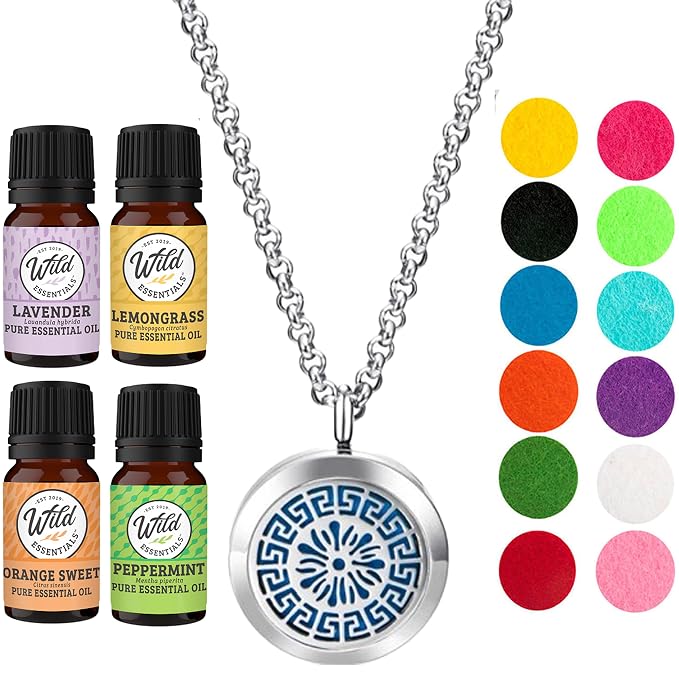 Wild Essentials Greek Key Necklace Essential Oil Diffuser Kit with Lavender, Lemongrass, Peppermint, Orange Oils, 12 Refill Pads, Calming Aromatherapy Gift Set, Customizable Color Changing, Perfume