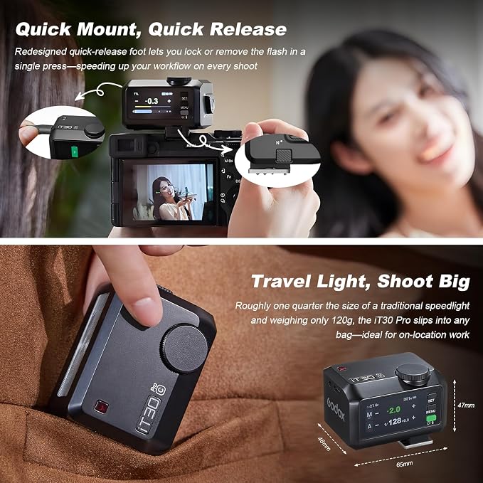 Godox iT30 Pro C TTL Mini Flash for Canon with Diffuser—HSS 1/8000s, 2.8" Full-Color Touchscreen, 2.4G Wireless X System, Magnetic Mount, Tilt/Swivel Camera Speedlight (Black)