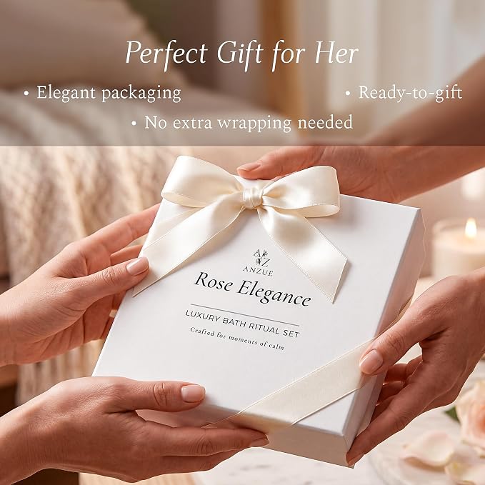 Luxury Rose Spa Gift Set for Women, Home Spa Kit with Candle, Bath Salt and Body Scrub, Self Care Kit is Elegant Gift for Mom, Wife or Girlfriend