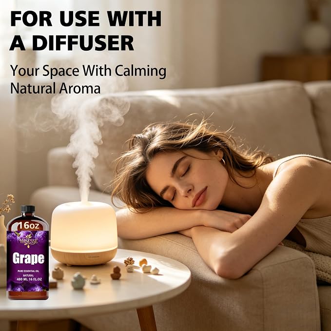 Grape Essential Oil, Grape Oil 16 Fl Oz 480ml for Diffuser Yoga Soap & Candle Making – with 0.33 Oz Roller Ball & Funnel YHSESSE Essential Oils