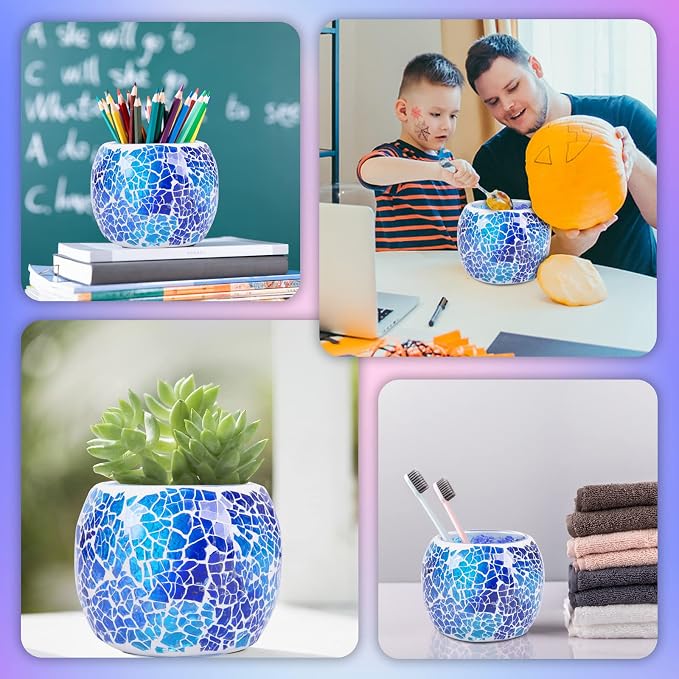Scented Candle Holder Mosaic Glass Tea Light Holder,Handmade Romantic Glass Tealight Candle Holder for Aromatherapy,Party Décor(NO Candles),Also Used as Vase,Pen Holder,Potted Plants Bowl (Blue)