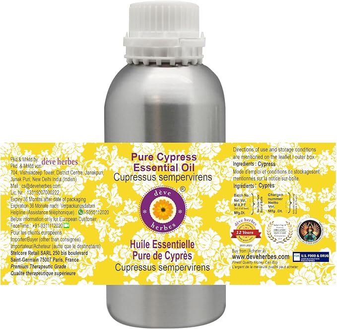 Deve Herbes Pure Cypress Essential Oil (Cupressus sempervirens) Steam Distilled 630ml (21 oz)