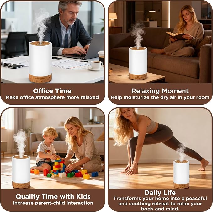 150ML Essential Oil Diffuser, Small Portable Aromatherapy Diffuser, Home Fragrance Aroma Diffuser with 7-Color LED Light, Ultrasonic Cool Mist Humidifier/Air Revitalizer for Bedroom（Light Color）