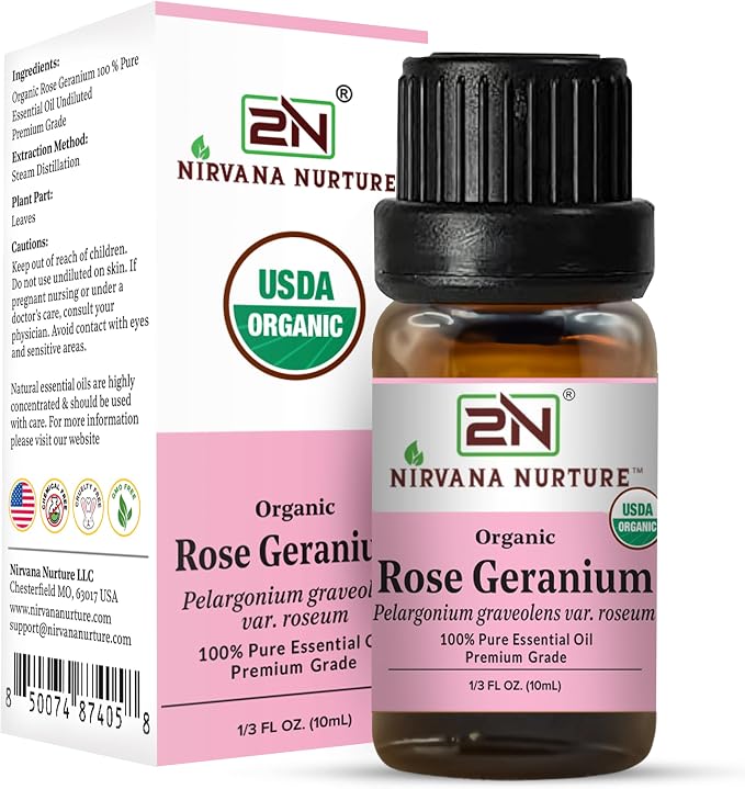 Rose Geranium Essential Oil, USDA Certified Organic, 100% Pure Undiluted, Aromatherapy Oil for Diffuser, Hair & Skin Care