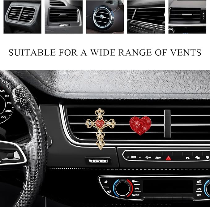 2 PCS Bling Car Vent Clip, Crystal Rhinestone Cross and Heart Car Air Fresheners Vent Clips, Diamond Car Air Conditioner Outlet Decoration Charm for Women, Car Accessories (Red)