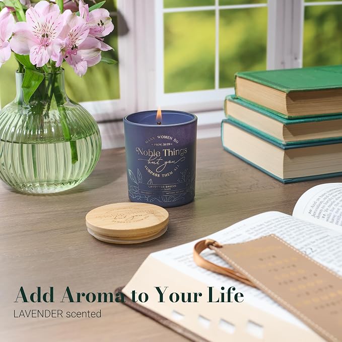Christian Art Gifts Soy Wax Scented Candle: Lavender Breeze, Proverbs 31:29 Bible Verse, Pure Essential Oils, 4.5 oz, Up to 20 Hours Burn Time, Glass Jar w/Bamboo Lid, Encouragement Gift for Women