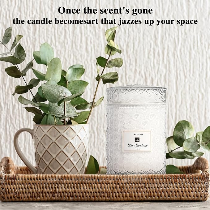 Natural Wood Candle Wick Soy Wax Candle - 19.4oz/550g, Long-Lasting Scented Candle for Sleep & Relaxation, Multi-Color Glass Decorative Jar, Gift for Women (White Gardenia)