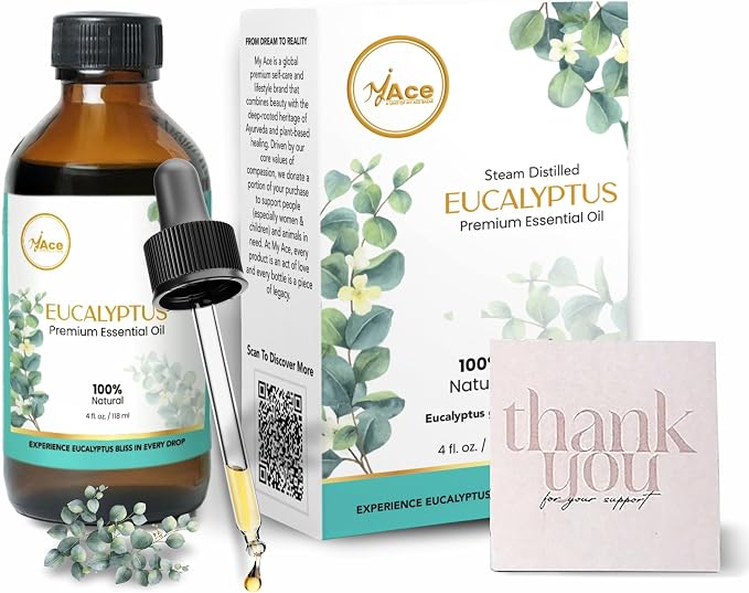 My ACE Eucalyptus Essential Oil 4 Fl Oz - Pure & Natural - Premium Grade for Aromatherapy, Diffuser, Skin, Hair, Massage, Candle & Soap Making, Home - Glass Bottle with Dropper - Long Lasting Scent