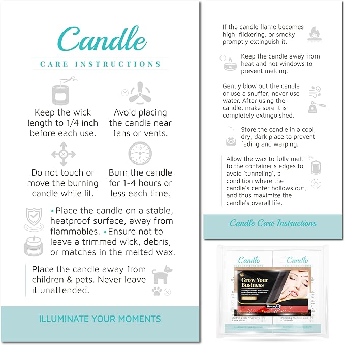 100 pack - Premium Handmade Candle Care Instruction Cards White Mint, 2x3.5 in, Small Business | Soy Bees Wax Melt, Candle Makers, Making Supplies Kit Set, Containers, Jars, Pot