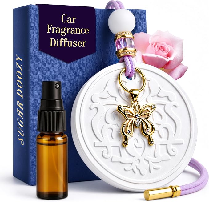 Luxury Car Air Freshener for Women - Refillable & Portable Luxury Fragrance Diffuser - Cute Car Accessories & Interior Decor - Mirror Hanging or Vent Clips - Butterfly Gold Charm, Rose Scent